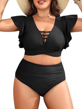 Women's Size 18W Two Piece Swimsuit  High Waisted Tummy Control Ruffles Black